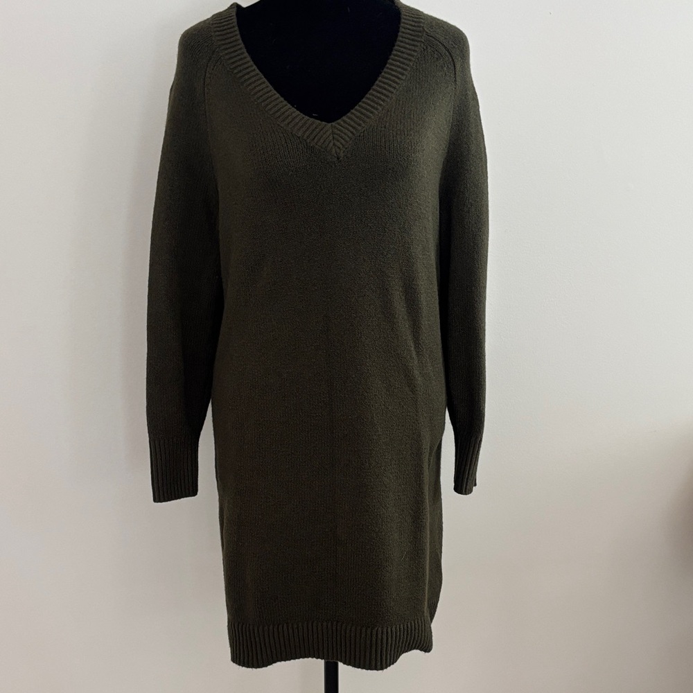 Olive V-Neck Women's Sweater Dress